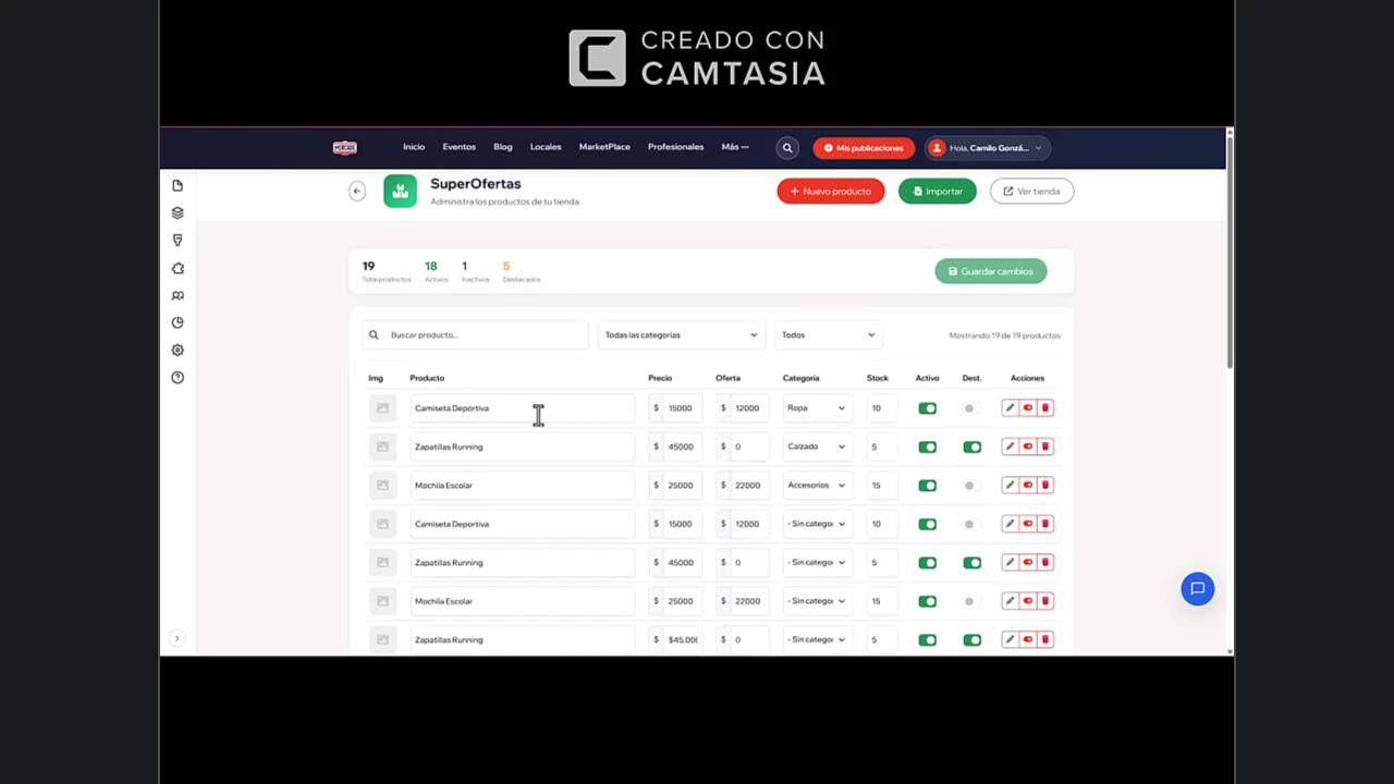 Panel de administración de productos