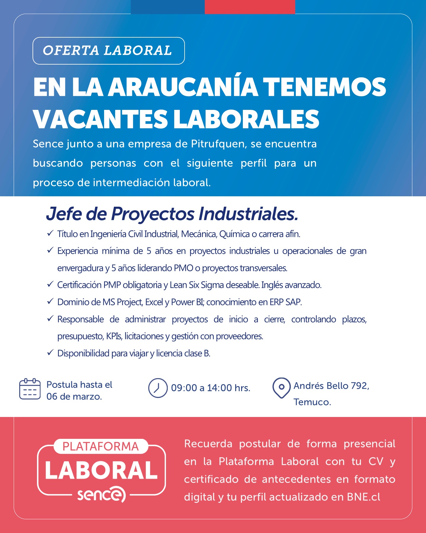 Jefe de Proyectos Industriales - SENCE Araucanía