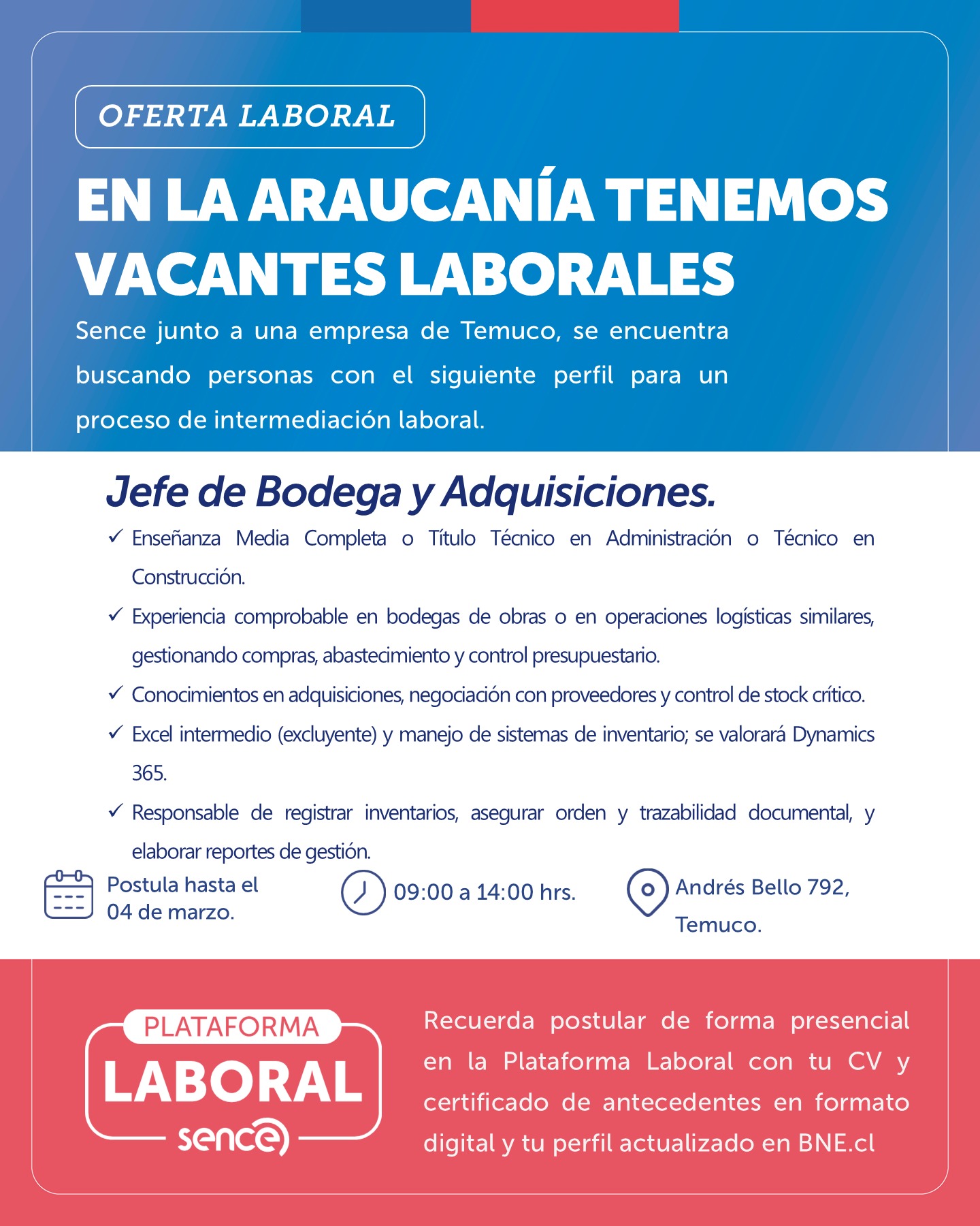Jefe de Bodega y Adquisiciones - SENCE Araucanía