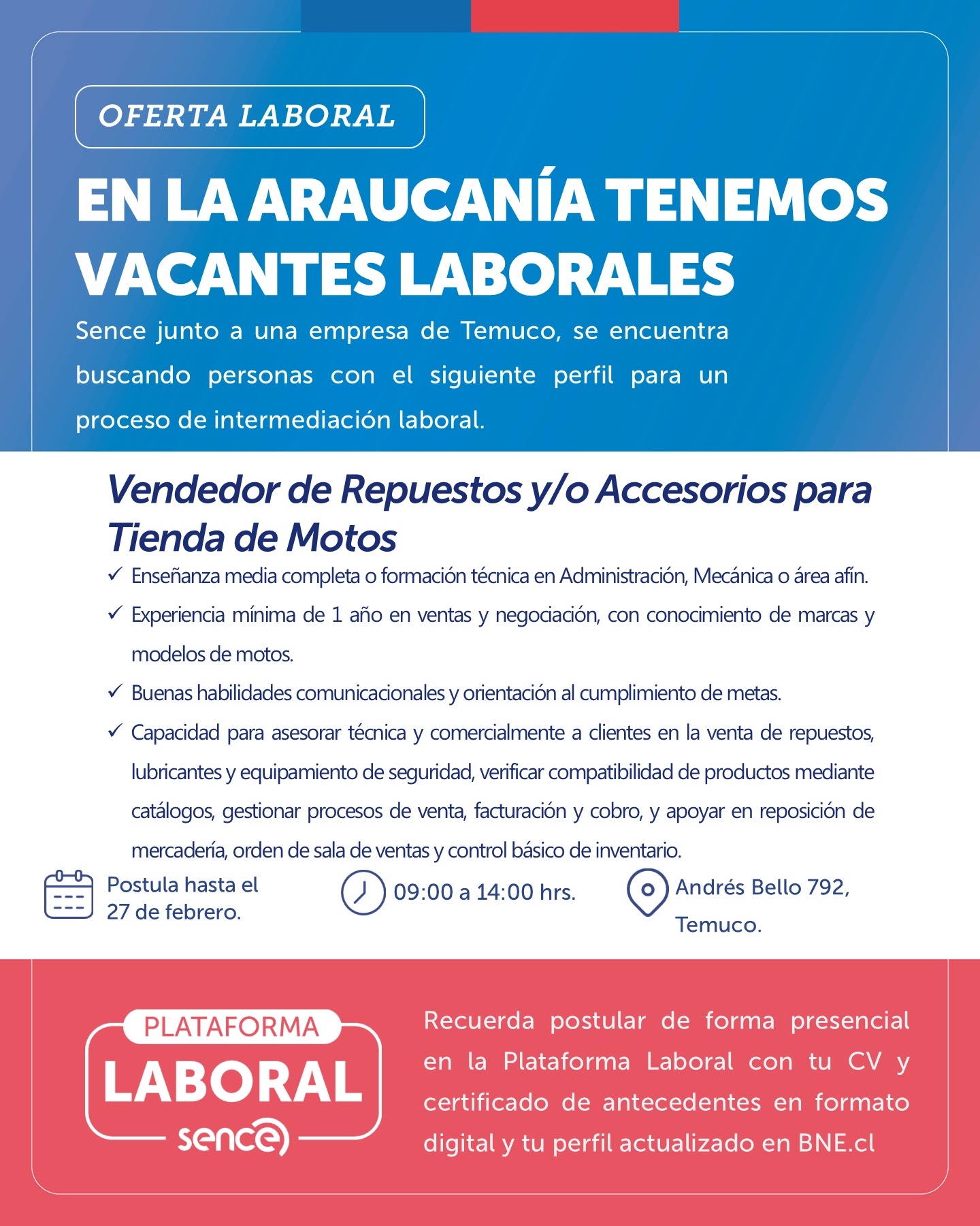 Vendedor de Repuestos y/o Accesorios para Tienda de Motos - SENCE Araucanía