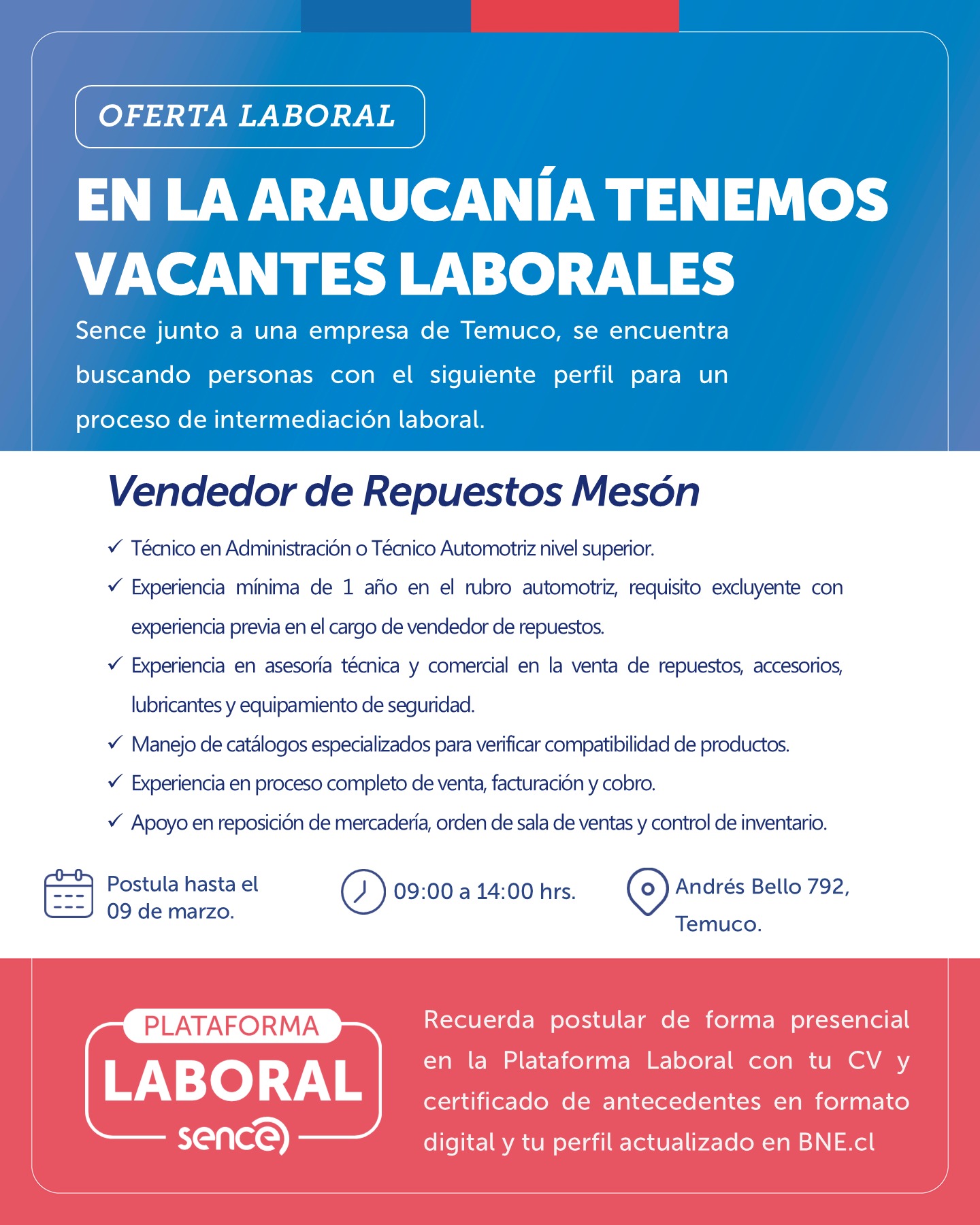 Vendedor de Repuestos Mesón - SENCE Araucanía