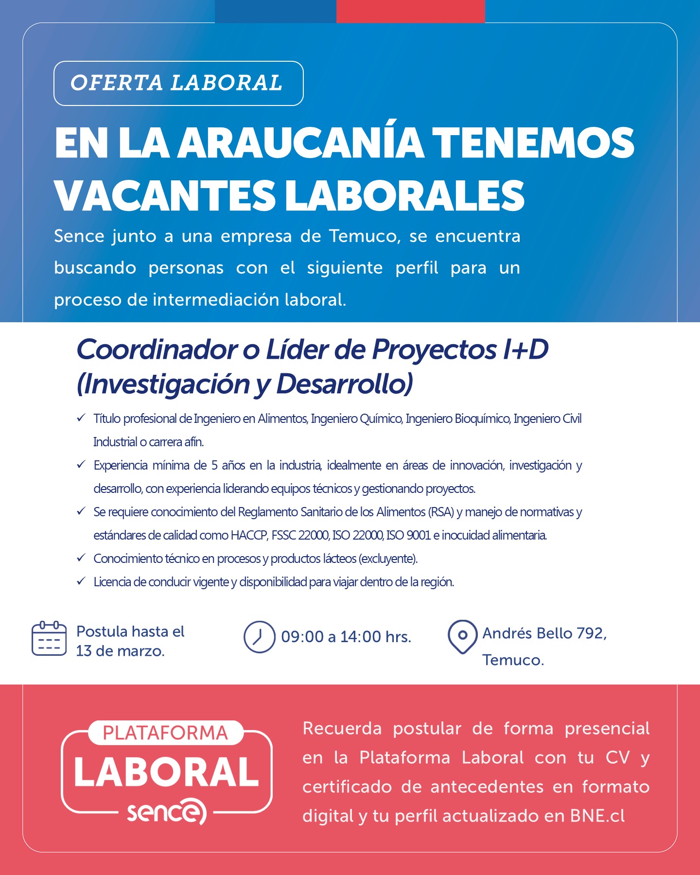 Coordinador o Líder de Proyectos I+D - SENCE Araucanía