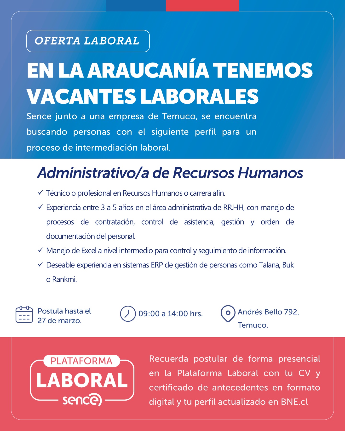 Administrativo/a de Recursos Humanos - SENCE Araucanía
