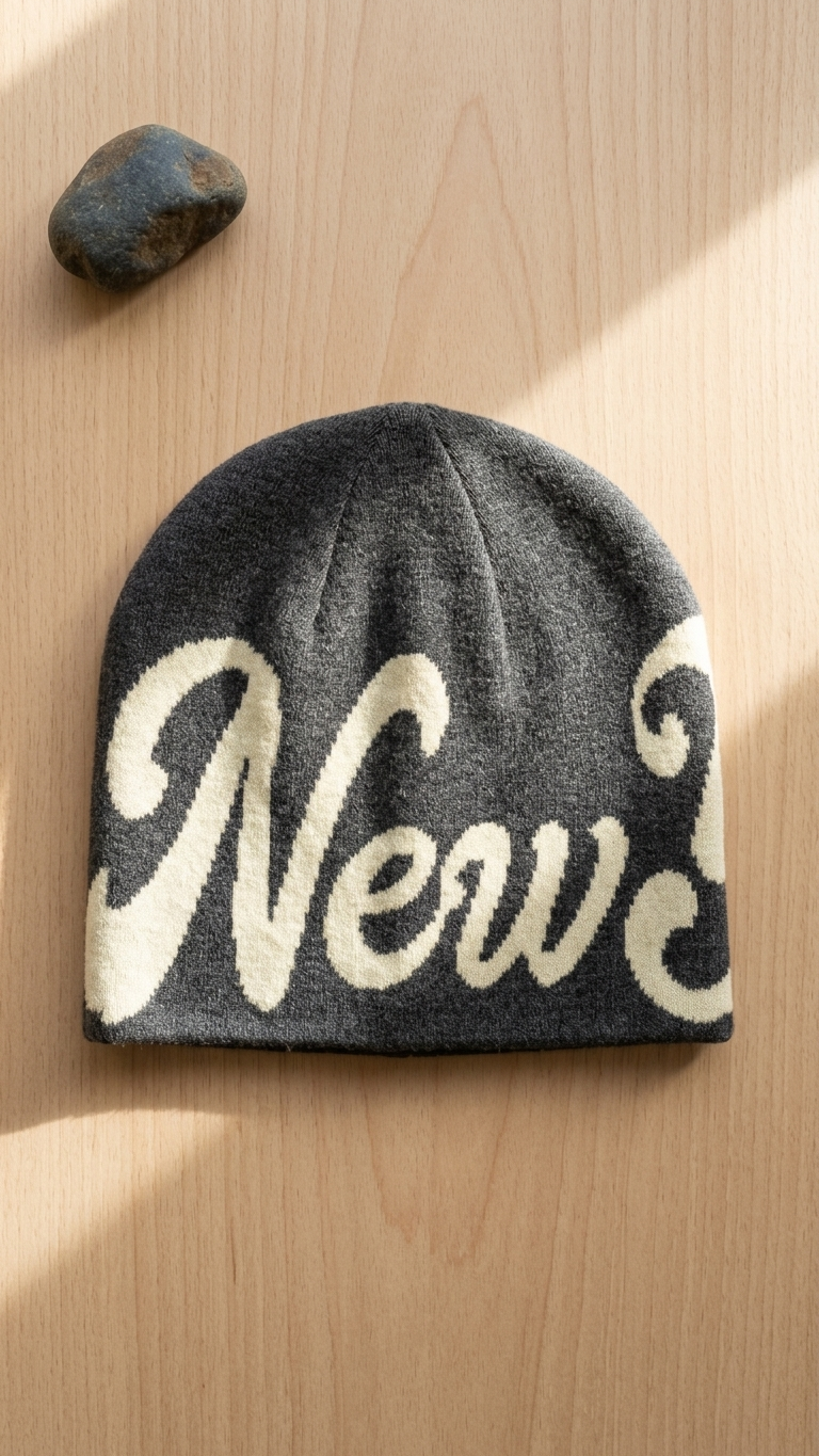 Gorro Beanie Carbón New York Script | Double AA Fitted Chile — Edición Oscura